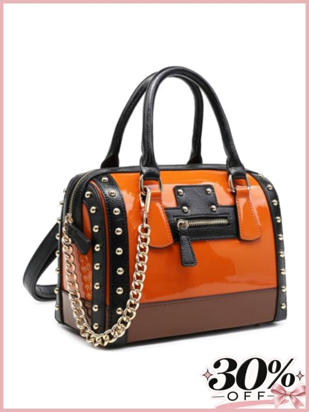 Faux Leather Barrel Top Handle Satchel Handbag with Rivets